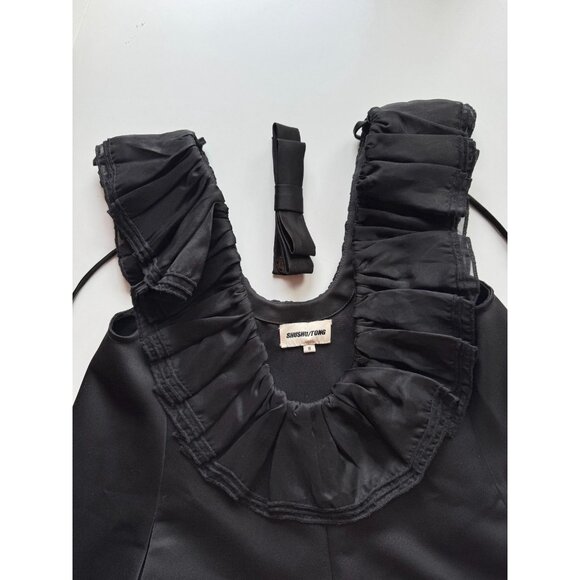 SHUSHU/TONG Black Duchess Satin Organza Ruffle U-Neck Mini Swing Dress, Size 4 - Picture 11 of 16